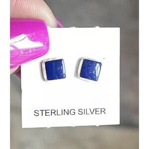 Lapis Lazuli Sterling Silver Stud Earrings Minimalist Square Blue Stone
